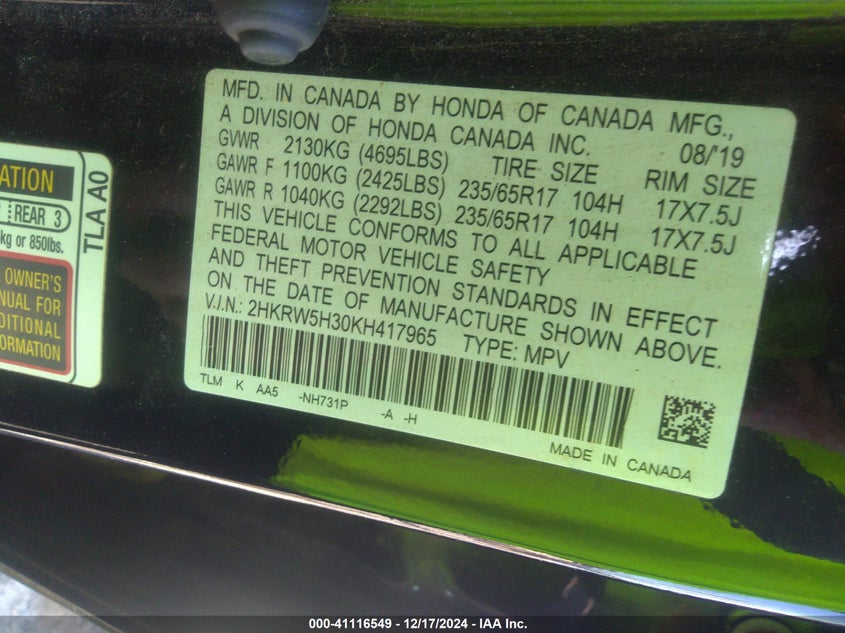 2019 HONDA CR-V LX - 2HKRW5H30KH417965