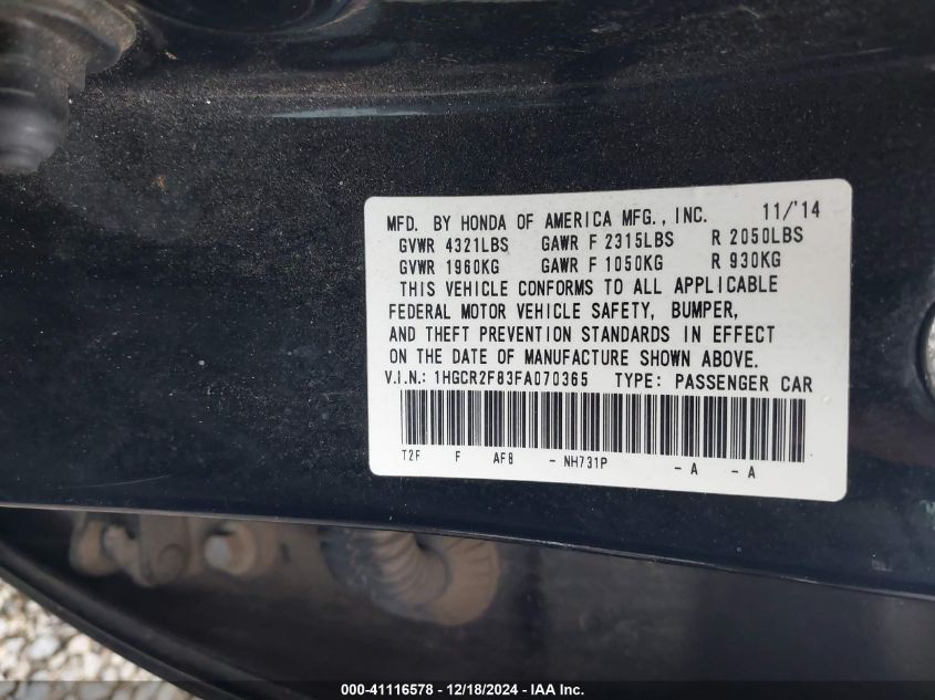 VIN 1HGCR2F83FA070365 2015 HONDA ACCORD no.9