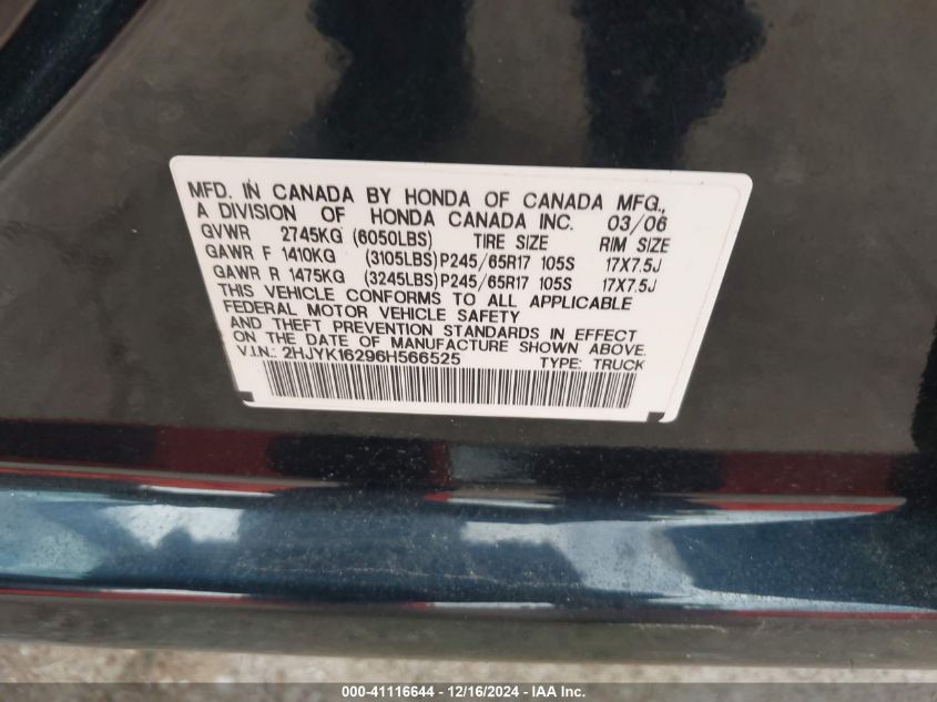 2006 Honda Ridgeline Rt VIN: 2HJYK16296H566525 Lot: 41116644