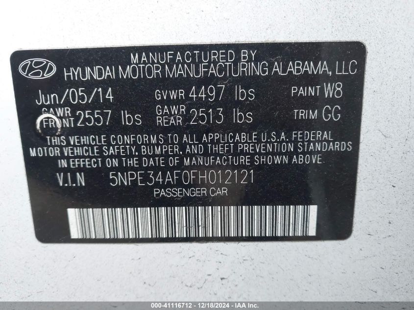 VIN 5NPE34AF0FH012121 2015 HYUNDAI SONATA no.9