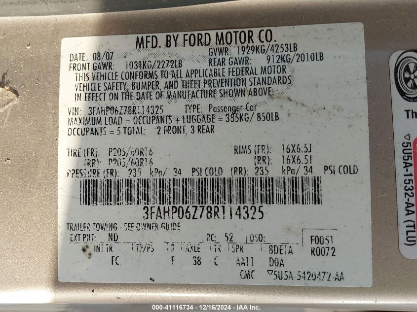 2008 Ford Fusion S VIN: 03FAHP06Z78R11432 Lot: 41116734