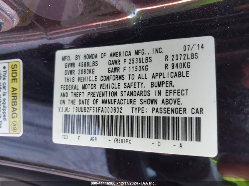 VIN 19UUB2F51FA000832 2015 ACURA TLX no.9