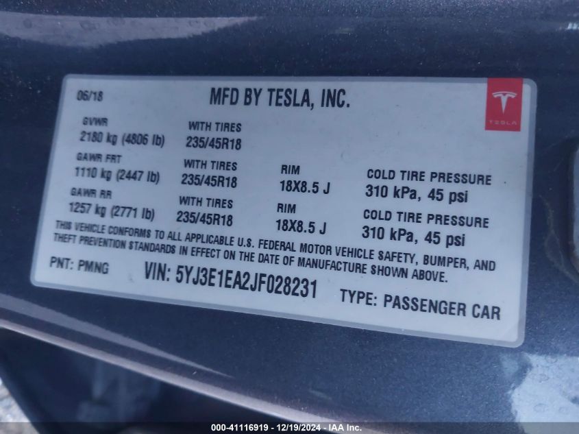 2018 TESLA MODEL 3 LONG RANGE/MID RANGE - 5YJ3E1EA2JF028231