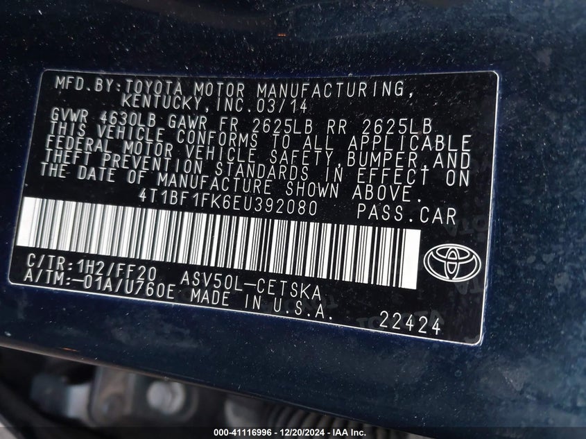 2014 TOYOTA CAMRY VIN: 4T1BF1FK6EU392080