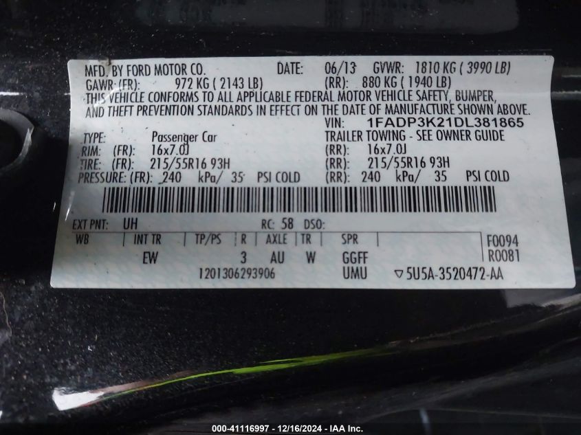 VIN 1FADP3K21DL381865 2013 Ford Focus, SE no.9