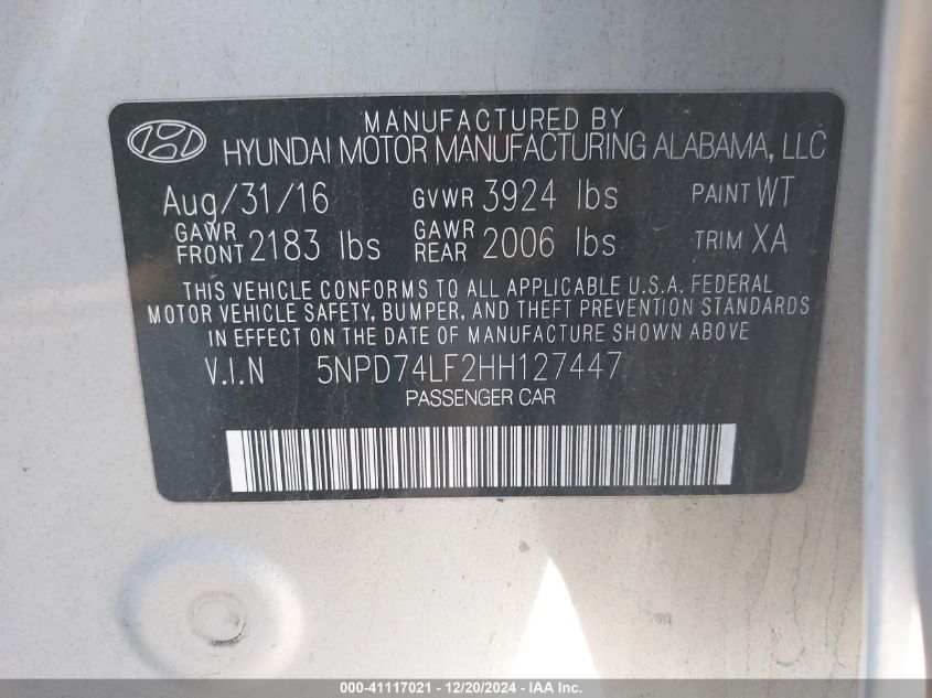 2017 HYUNDAI ELANTRA SE - 5NPD74LF2HH127447