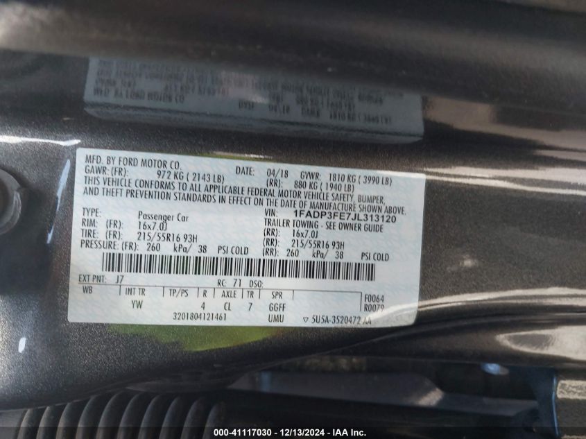 VIN 1FADP3FE7JL313120 2018 Ford Focus, SE no.9