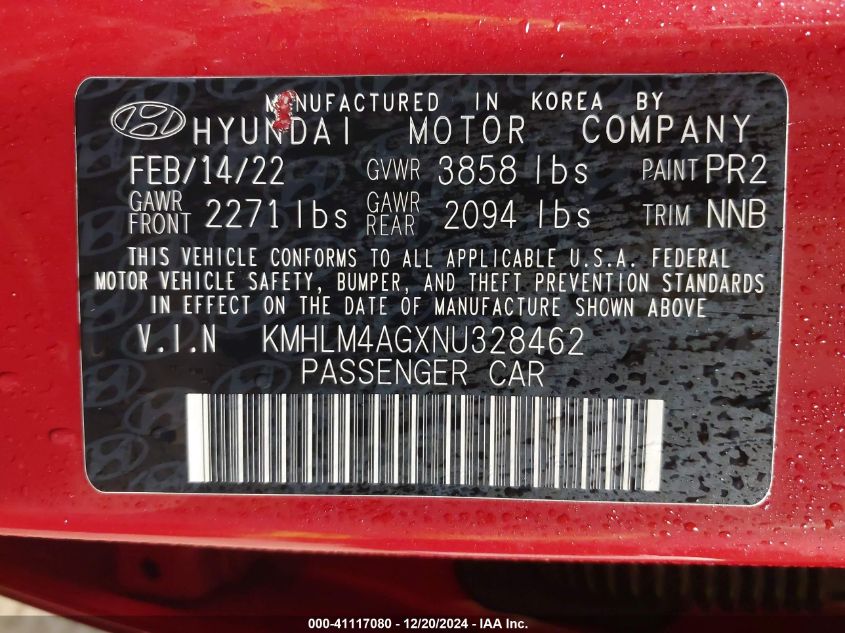 2022 Hyundai Elantra Sel VIN: KMHLM4AGXNU328462 Lot: 41117080