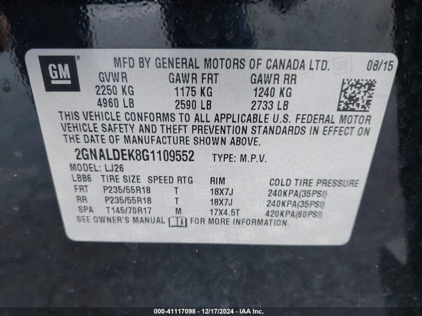 VIN 2GNALDEK8G1109552 2016 Chevrolet Equinox, Ltz no.9