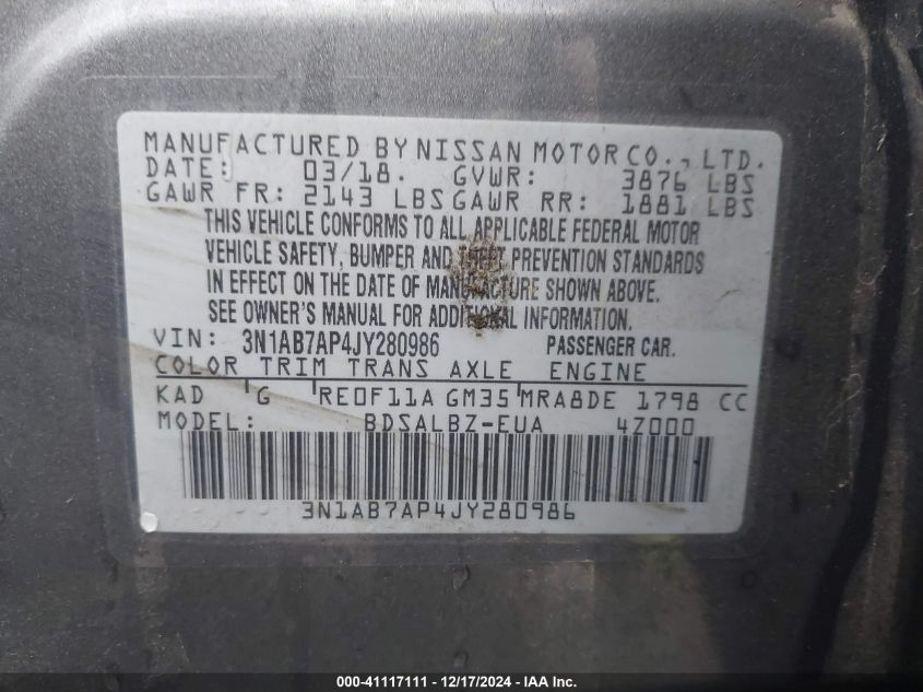 VIN 3N1AB7AP4JY280986 2018 NISSAN SENTRA no.9