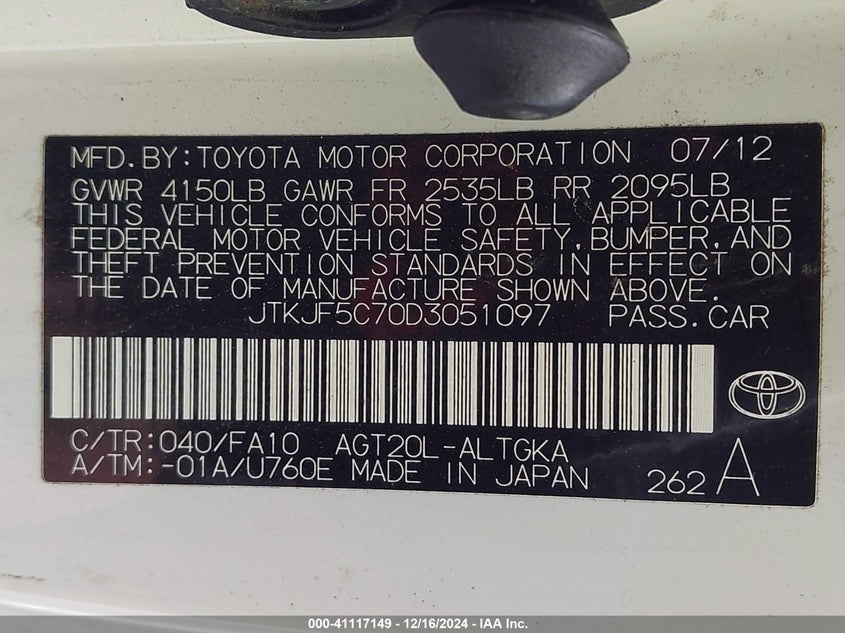 2013 SCION TC VIN: JTKJF5C70D3051097