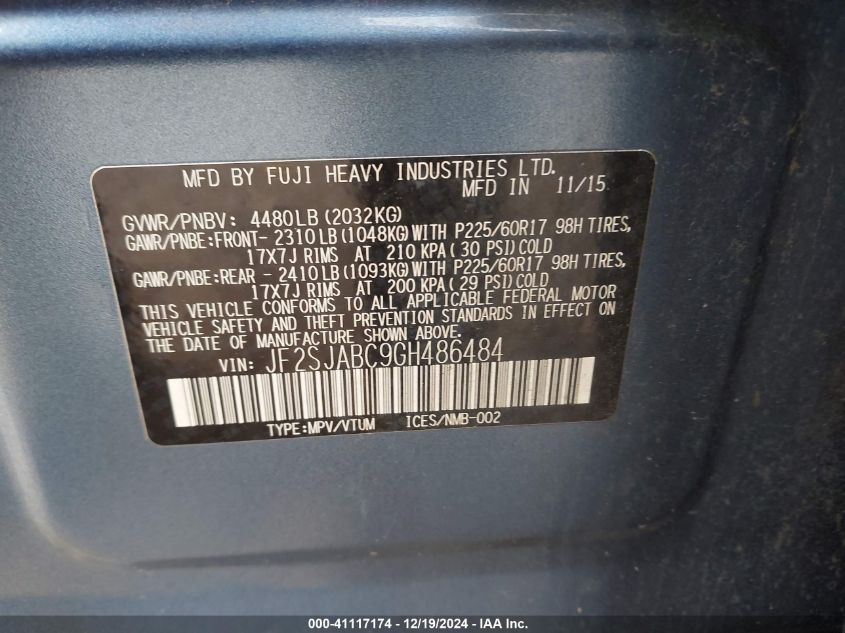 2016 Subaru Forester 2.5I VIN: JF2SJABC9GH487232 Lot: 41117174