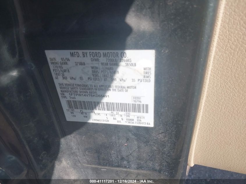 2006 Ford F-150 Fx4/Lariat/Xlt VIN: 1FTPW14V76KD65491 Lot: 41117201