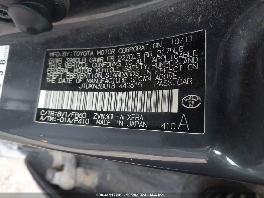 2011 Toyota Prius Three VIN: JTDKN3DU1B1442615 Lot: 41117292