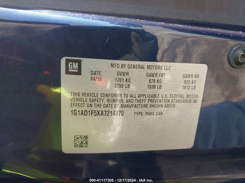 2010 CHEVROLET COBALT VIN: 1G1AD1F5XA7214870