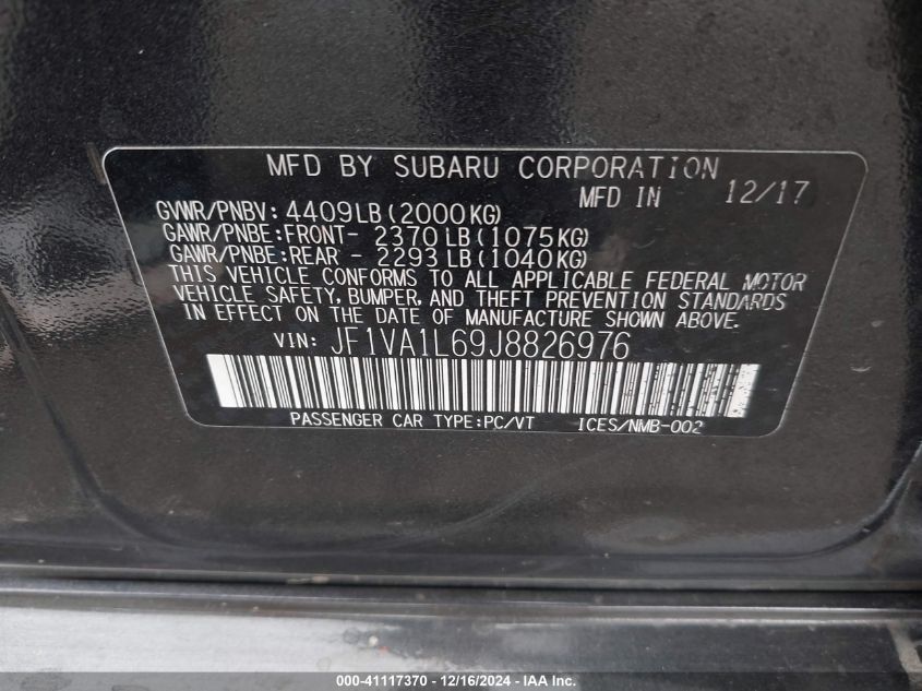 2018 SUBARU WRX VIN: JF1VA1L69J8826976