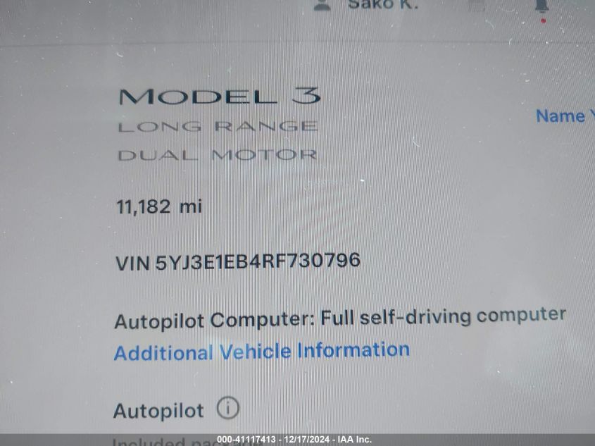 2024 Tesla Model 3 Long Range Dual Motor All-Wheel Drive VIN: 5YJ3E1EB4RF730796 Lot: 41117413