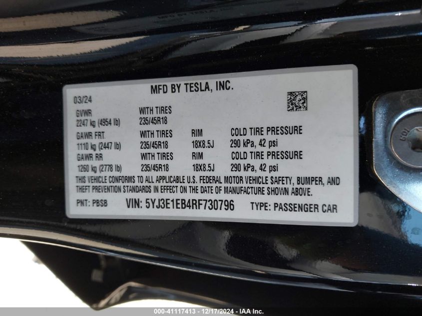 2024 TESLA MODEL 3 LONG RANGE DUAL MOTOR ALL-WHEEL DRIVE - 5YJ3E1EB4RF730796