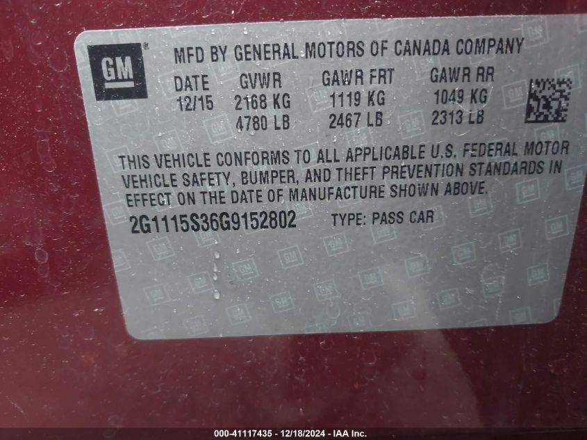 VIN 2G1115S36G9152802 2016 Chevrolet Impala, 2LT no.9