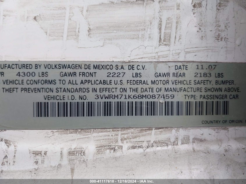 2008 VOLKSWAGEN JETTA VIN: 3VWRM71K68M087459