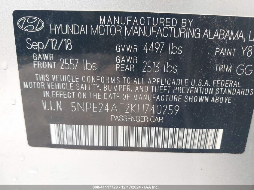 VIN 5NPE24AF2KH740259 2019 Hyundai Sonata, SE no.9