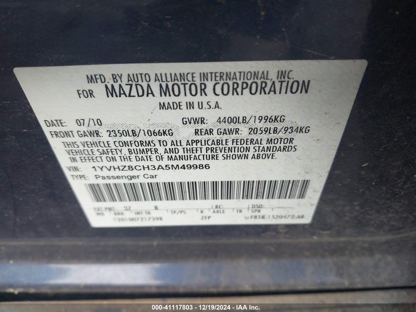 2010 MAZDA MAZDA6 VIN: 1YVHZ8CH3A5M49986