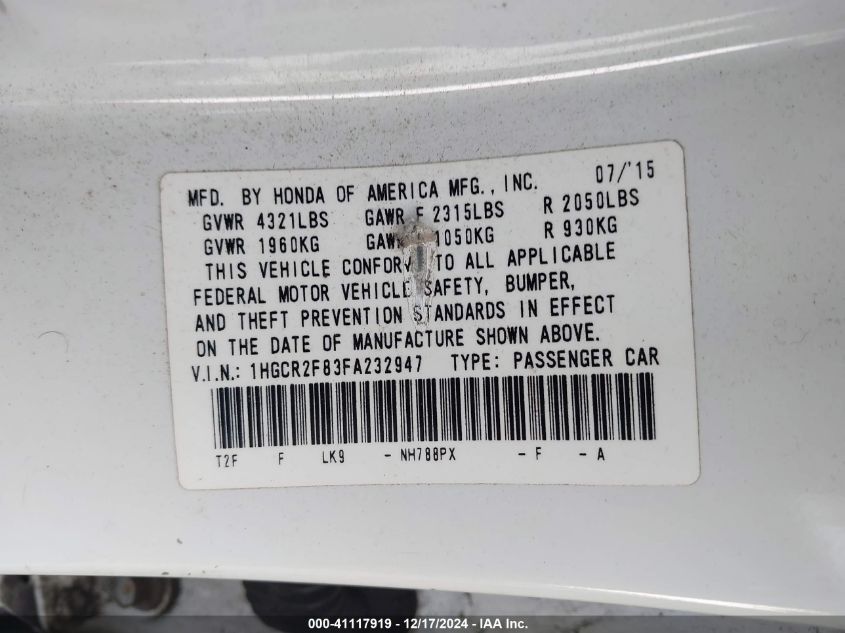 VIN 1HGCR2F83FA232947 2015 Honda Accord, Ex-L no.9