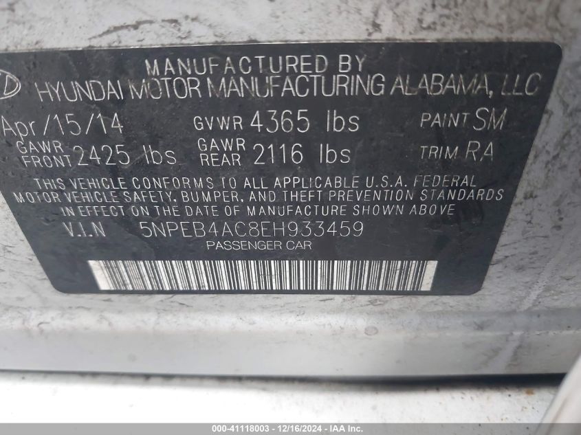 VIN 5NPEB4AC8EH933459 2014 Hyundai Sonata, Gls no.9