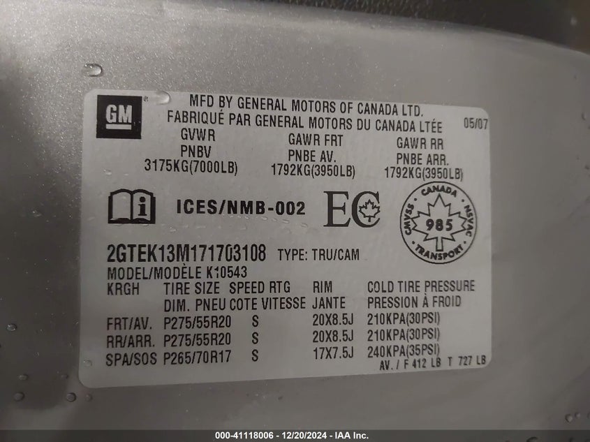 2007 GMC NEW SIERRA VIN: 2GTEK13M171703108