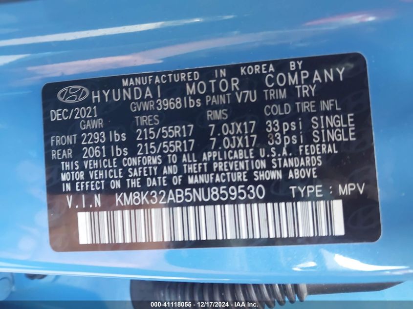 2022 Hyundai Kona Sel VIN: KM8K32AB5NU859530 Lot: 41118055