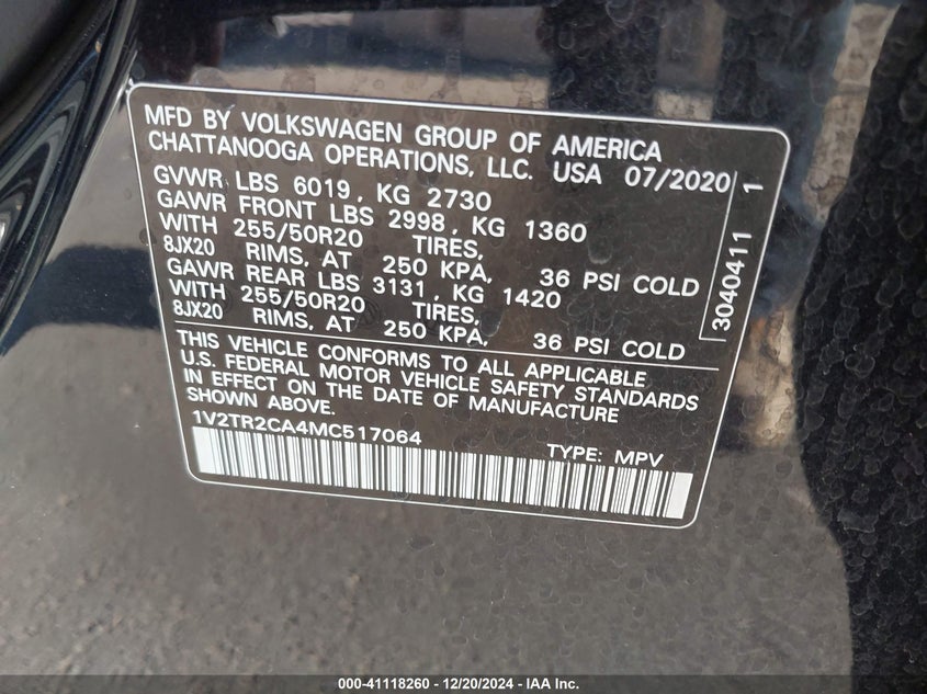 VIN 1V2TR2CA4MC517064 2021 VOLKSWAGEN ATLAS 3.6L V6 SEL PREMIUM