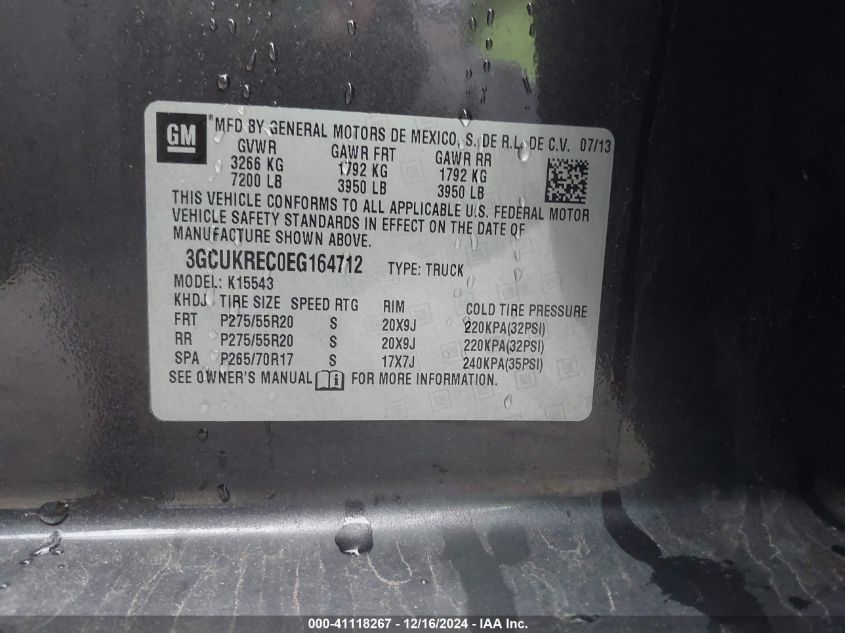 2014 CHEVROLET SILVERADO 1500 VIN: 3GCUKREC0EG164712