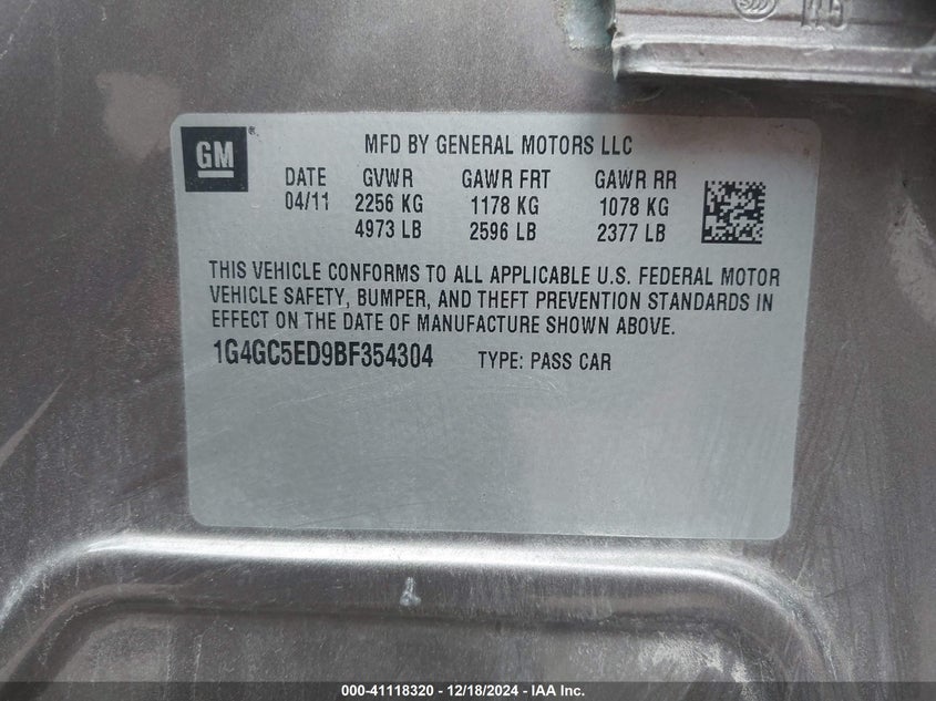 2011 BUICK LACROSSE VIN: 1G4GC5ED9BF354304