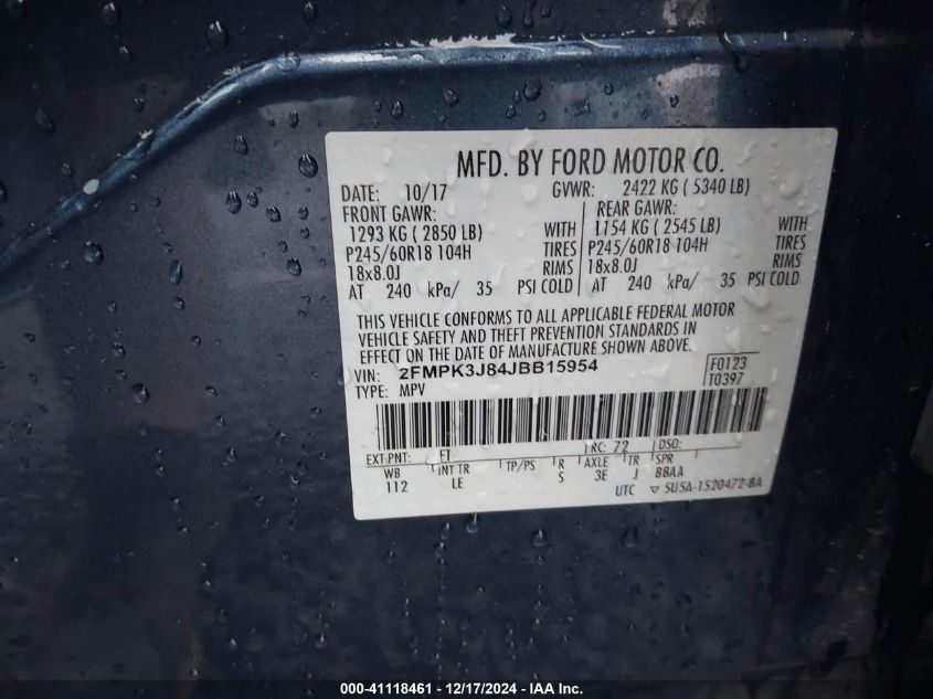 VIN 2FMPK3J84JBB15954 2018 FORD EDGE no.9