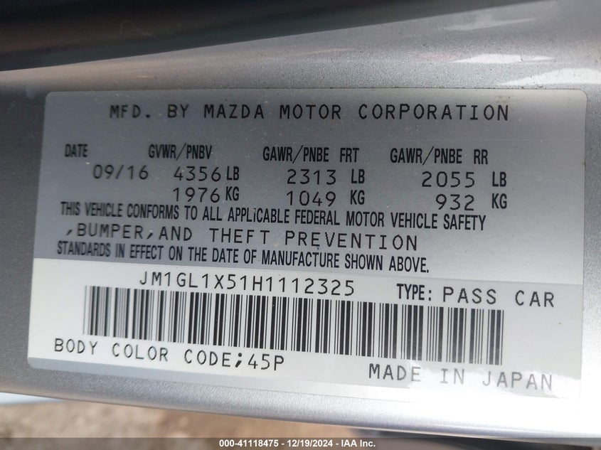 2017 MAZDA 6 VIN: JM1GL1X51H1112325