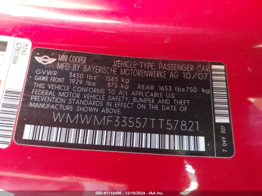 2007 MINI COOPER VIN: WMWMF33557TT57821