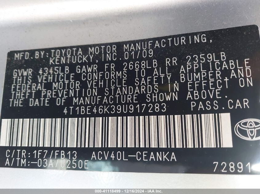 2009 Toyota Camry VIN: 4T1BE46K39U917283 Lot: 41118499