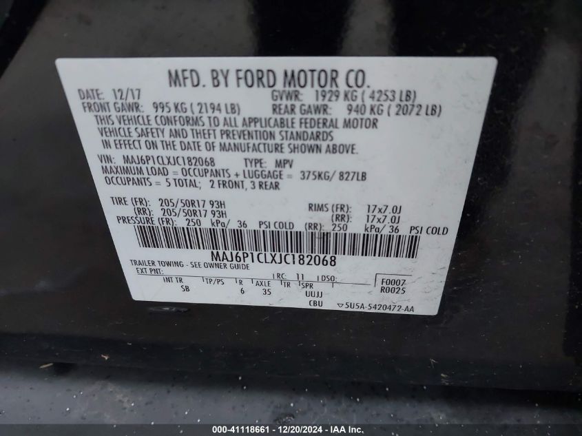 2018 Ford Ecosport Ses VIN: MAJ6P1CLXJC182068 Lot: 41118661