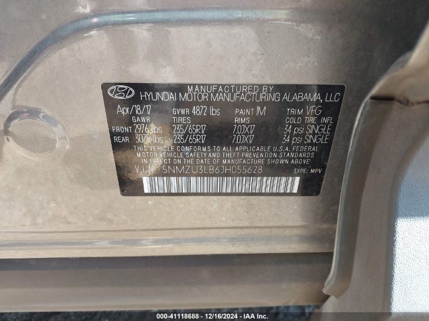 VIN 5NMZU3LB6JH055628 2018 Hyundai Santa Fe, Sport... no.9