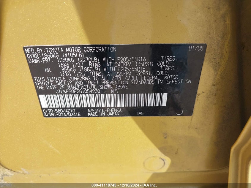 2008 SCION XB VIN: JTLKE50E381054230