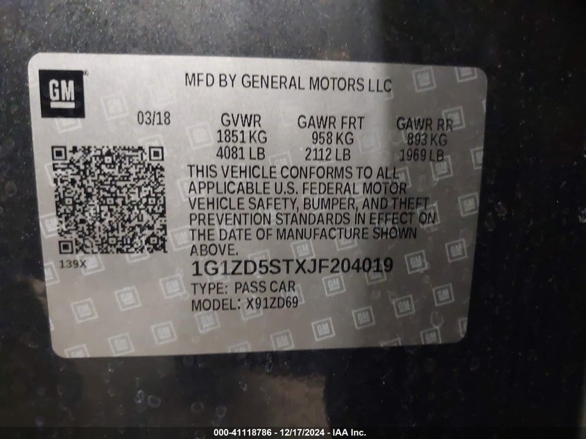 2018 CHEVROLET MALIBU VIN: 1G1ZD5STXJF204019