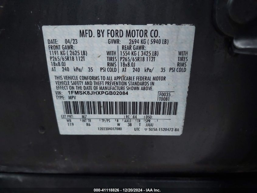 2023 Ford Explorer Timberline VIN: 1FMSK8JHXPGB02084 Lot: 41118826