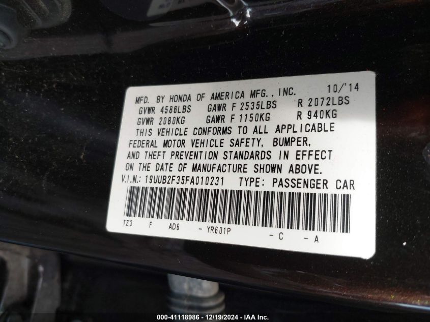 VIN 19UUB2F35FA010231 2015 ACURA TLX no.9