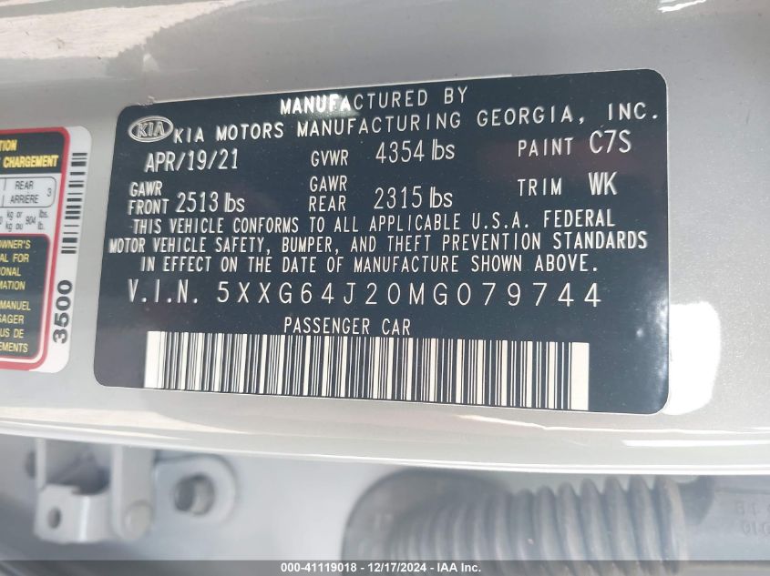 2021 Kia K5 Gt-Line VIN: 5XXG64J20MG079744 Lot: 41119018