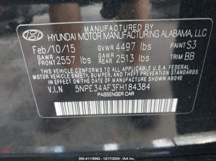 VIN 5NPE34AF3FH184384 2015 Hyundai Sonata, Limited no.9