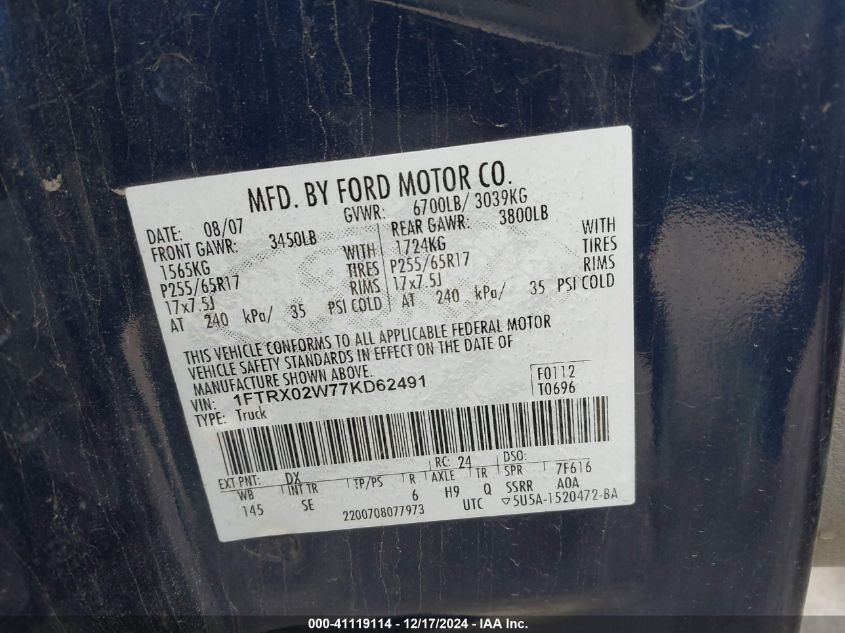 2007 Ford F-150 Stx/Xlt VIN: 1FTRX02W77KD62491 Lot: 41119114