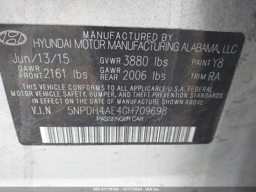 VIN 5NPDH4AE4GH709698 2016 Hyundai Elantra, SE no.9