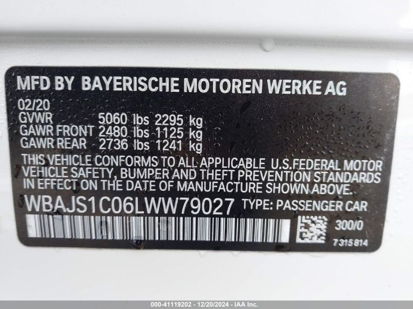 VIN WBAJS1C06LWW79027 2020 BMW 540I no.9