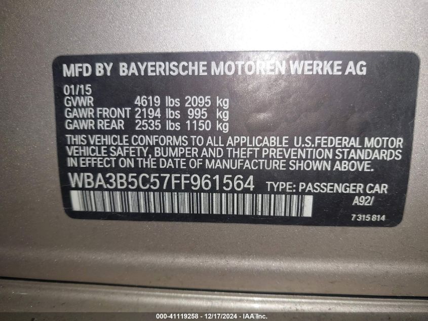 VIN WBA3B5C57FF961564 2015 BMW 3 Series, 328I Xdrive no.9