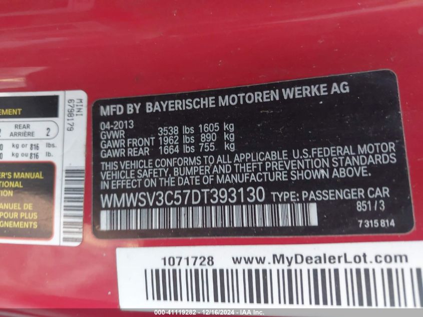 2013 MINI HARDTOP VIN: WMWSV3C57DT393130